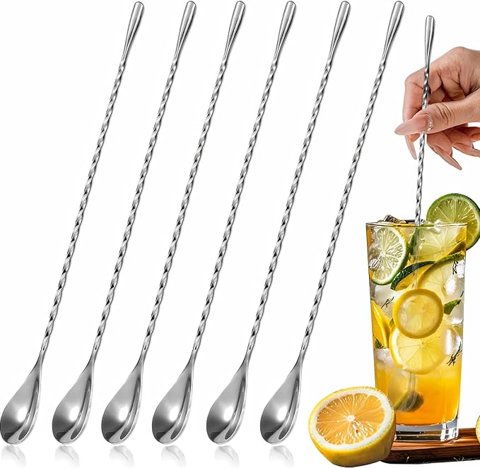 ABK 6PCS 12 Inch Bar Spoon，18/10 Stainless Steel Spiral Pattern Cocktail Stirrers Spoons ，Long Handle Cocktail Mixing Stirrers