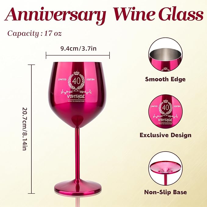 40th Birthday Gifts Wine Glass for Her Women, Stainless Steel Metal Unbreakable Decoration Glasses Rose Red Cup 17oz with Vintage Print-Unique 40 Year Old Present for Mom Wife Sister Friend