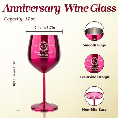 40th Birthday Gifts Wine Glass for Her Women, Stainless Steel Metal Unbreakable Decoration Glasses Rose Red Cup 17oz with Vintage Print-Unique 40 Year Old Present for Mom Wife Sister Friend