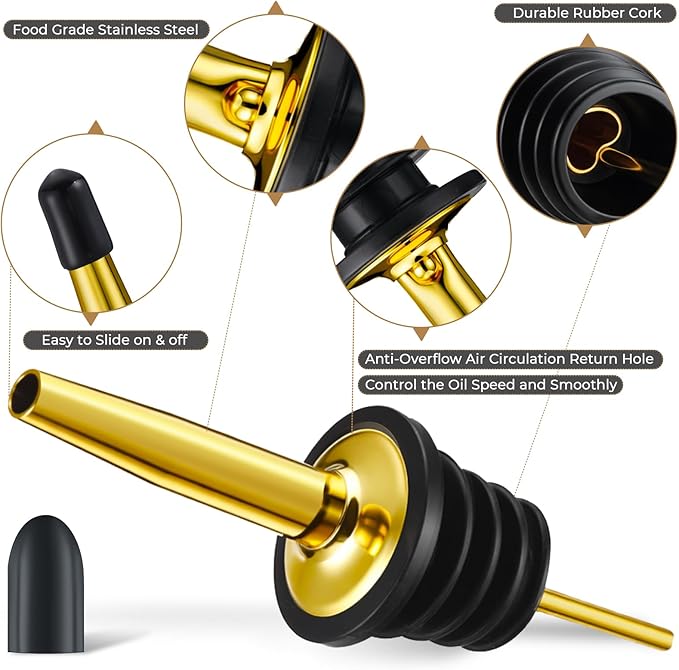 CHENGU 72 Pcs Stainless Steel Bottle Pourers Tapered Liquor Pourers with Rubber Dust Caps Tapered Spouts Set Bar Supplies Vinegar Bottle Dispenser Wine Liquor Spout for Oil Beer Drink Water (Gold)