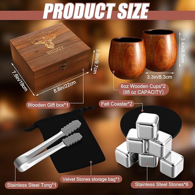 Charred Wooden Bourbon Drinking Glasses Set of 2 for Men 6 oz Whiskey Glasses 6 Ice Cubes Charred Bourbon Gifts for Father Dad Men Brother or Whiskey Lovers Father's Day Birthday Supplies