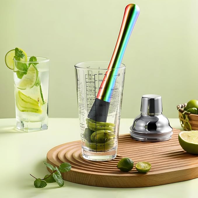 8 Inch Stainless Steel Cocktail Muddler and Mixing Spoon Home Bar Tool Set - Create Delicious Mojitos Old Fashioned/Mint Julep/Other Fruit Based Drinks (Rainbow)