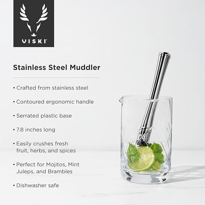 Viski Stainless Steel Muddler, Essential Bar Tools & Accessories, Craft Cocktail Accessories, 7.8″