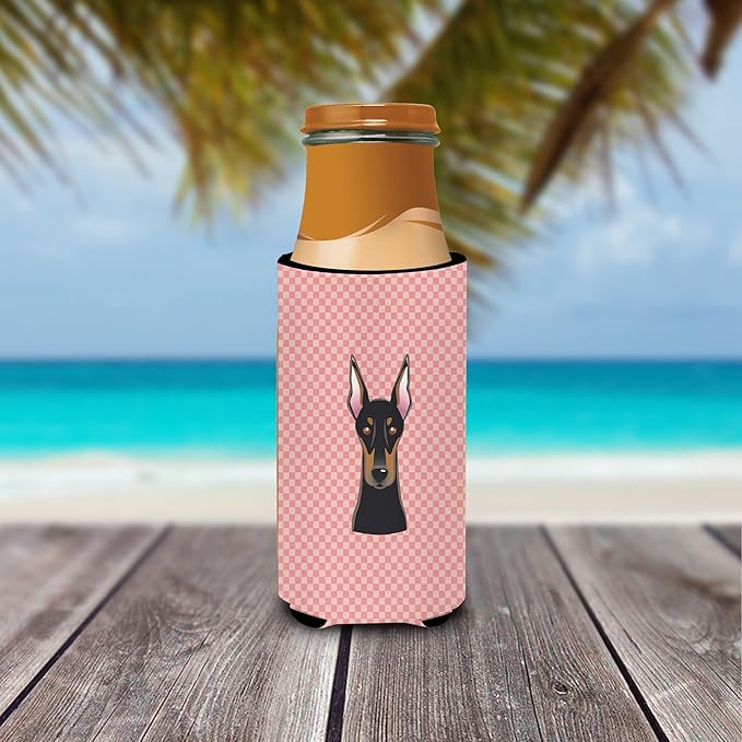 Checkerboard Pink Doberman Ultra Beverage Insulators for slim cans BB1245MUK