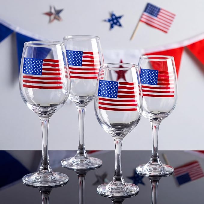 SiliFine 4 Pcs 4th of July Patriotic Party Stemmed Wine Glasses Hand Painted American Flag Drinking Cup Wine Glasses Gifts for Independence Day Theme Holiday Party Supplies