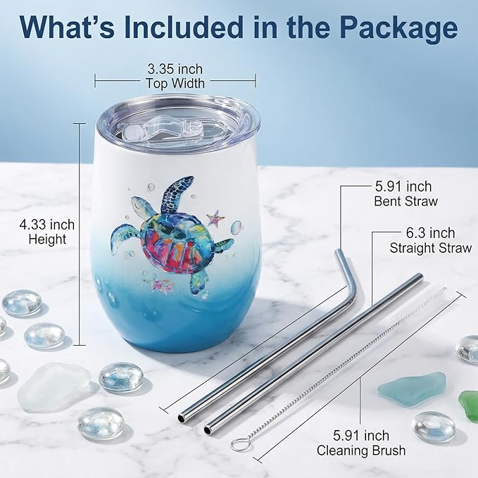 Sea Turtle Insulated Wine Tumbler for Women, Birthday Gift for Sea Turtle Lovers, 12 oz Stainless Steel Beach Wine Glass Mug Cup with Lid and Straw, Ocean Beach Gifts for Mom Best Friends Coworker