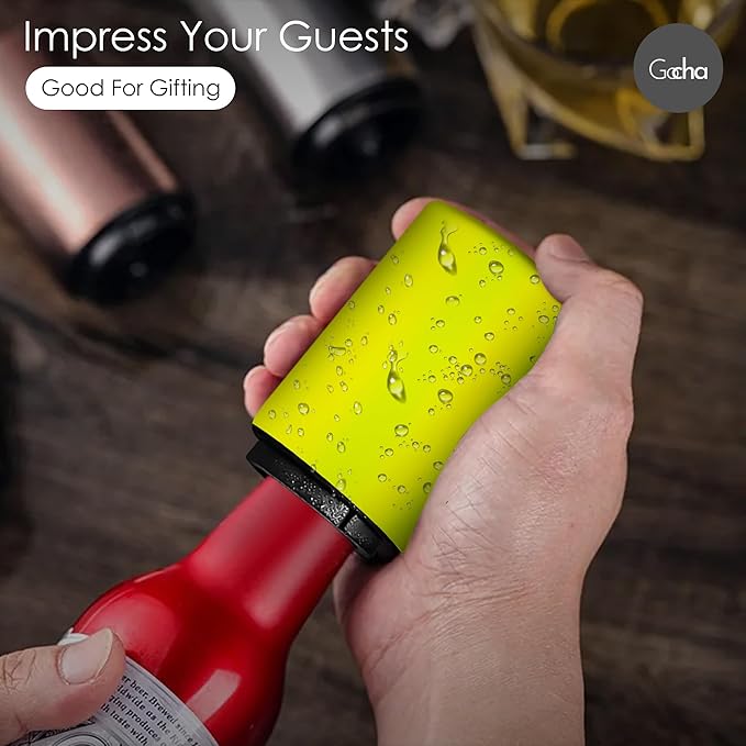 GOCHA | Magnetic Beer Bottle Opener with Automatic Cap Catcher – Stainless Steel Push-Down Gadget, One-Hand Bar Tool for Beer & Soda Bottles (Yellow)