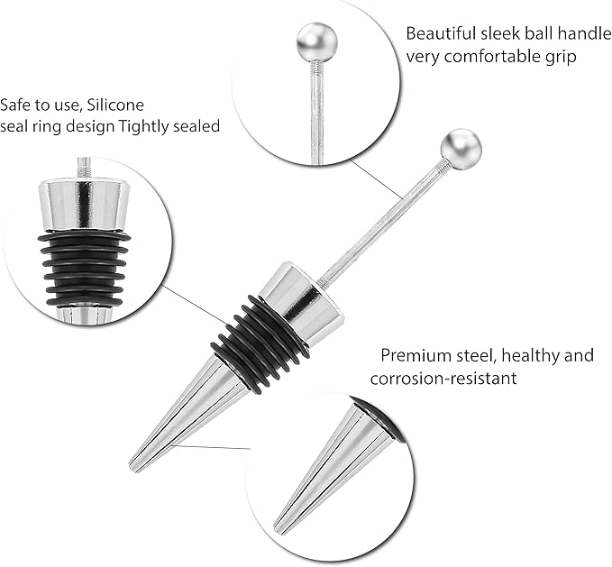 10PCS Beadable Wine Stoppers, Beaded Bottle Cap Zinc Alloy Reusable Corkscrew Saver Corks to Add a Bead Rhinestone Decorative Gadget for Glass Beverage Holiday Party Wedding Bar Crafting Gifts Silver