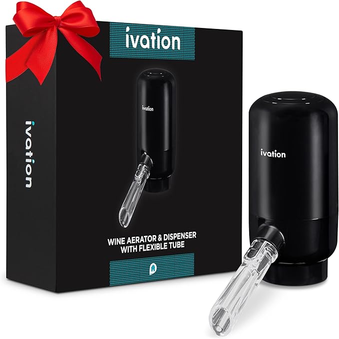 Ivation Wine Aerator & Dispenser with Flexible Tube | Electric Battery-Operated Universal Wine Bottle Spout with Automatic Button Dispenser, Aeration Control, Integrated LED Light & Removable Rod