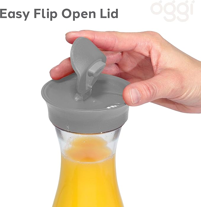 OGGI Clear Carafe w/Flip Open Lid - Ideal Juice Bottle, Clear Pitcher with Lid, Tea Pitcher, Water Carafe, 1.6 Lt(54Oz), Blush Tint