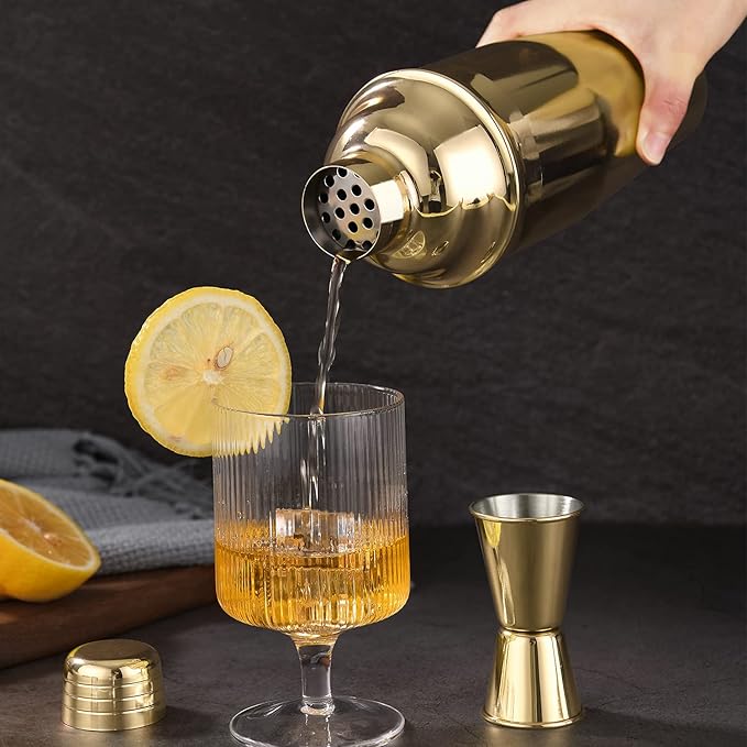 LUCKYGOOBO Cocktail Shaker with Double Measuring Jigger,18/8 Stainless Steel 24oz Martini Shaker Set,Drink Shaker Built-In Strainer,Bartender Kit. (Gold)