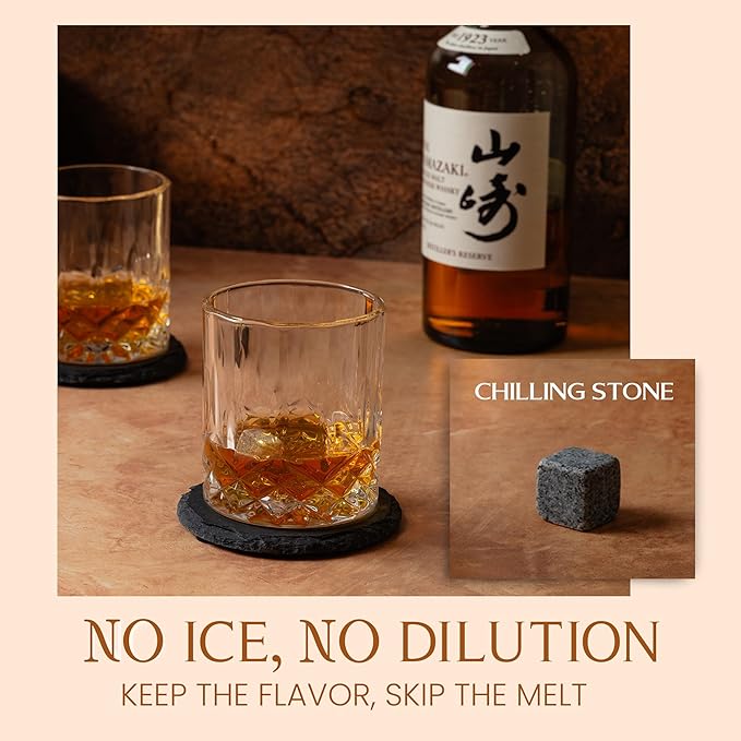 Mixology & Craft Whiskey Gift Set - Includes 2 Lead-Free Crystal Glasses, 8 Granite Chilling Stones, 2 Slate Coasters, Metal Tongs & Recipe Cards with a Wooden Army Crate Box