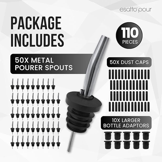 50-Pack Stainless Steel Liquor Bar Bottle Pourers - 50 Dust Caps & 10 Adapters - Drip-Free Nozzle - Pour Spouts for Alcohol & Bartending - Universal Fit Speed Spout - Rust-Free & Easy Clean - Chrome