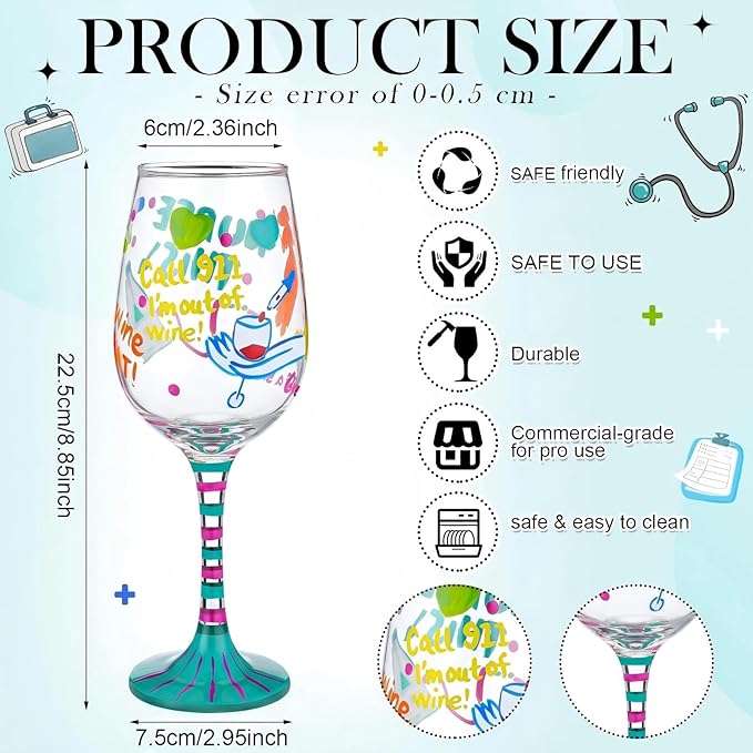 SiliFine 4 Pcs Nurse Stemmed Wine Glasses Hand Painted Drinking Cup Wine Glasses Gifts for Women Nurses' Day Appreciation Birthday Theme Holiday Party Supplies