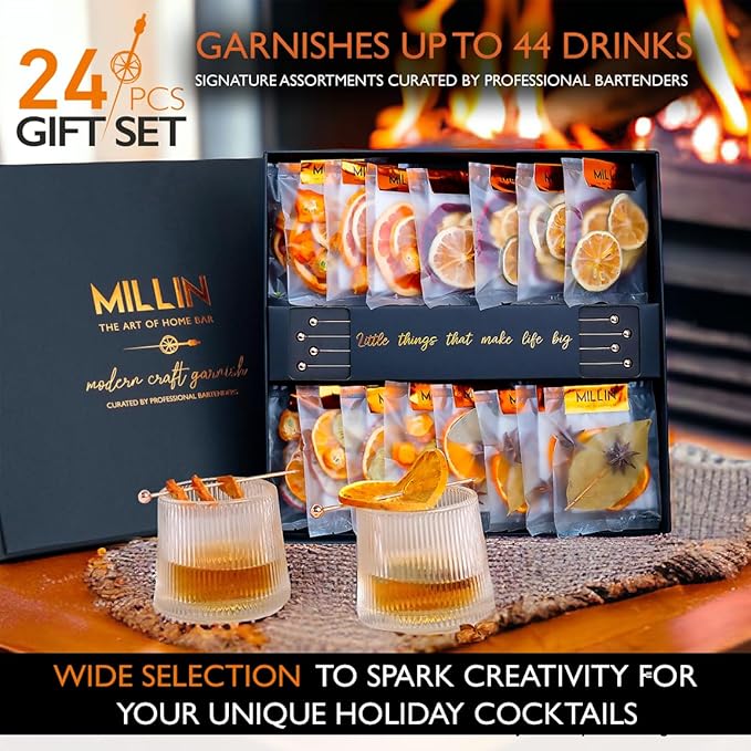 Cocktail Garnish, PREMIUM GIFT SET, with COCKTAIL PICKS I 100% Natural Dehydrated fruits I Home Bar, Barware, Hosting Men Women Corporate Holiday Bar Gift -Medium (70 slices + 8 picks)