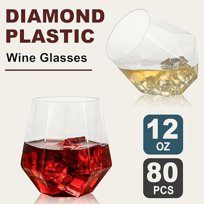 Goodluck 80 PCS Diamond Stemless Plastic Wine Whiskey Glasses, 12 Oz Disposable Cocktail Glasses, Suitable for Weddings, Birthday Parties, Family Gatherings, Bars, etc (Clear)