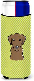 Checkerboard Lime Green Chocolate Labrador Ultra Beverage Insulators for slim cans