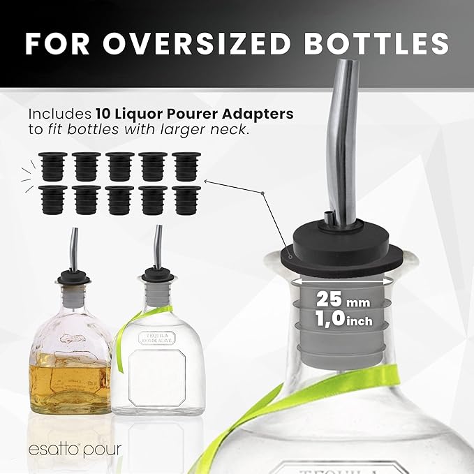 50-Pack Stainless Steel Liquor Bar Bottle Pourers - 50 Dust Caps & 10 Adapters - Drip-Free Nozzle - Pour Spouts for Alcohol & Bartending - Universal Fit Speed Spout - Rust-Free & Easy Clean - Chrome