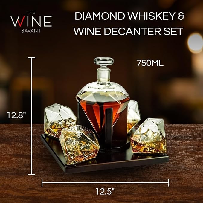 Luxury Diamond Whiskey Decanter Set with 4 Matching Glasses & Mahogany Wood Base - 750ml Hand-Blown Borosilicate Glass Liquor Dispenser for Bourbon & Scotch - Unique Home Bar Gift, Anniversaries Gifts