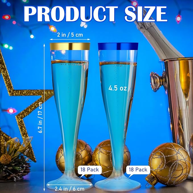 Jingmore 36 Pcs Plastic Champagne Flutes 4.5 oz Clear Disposable Wine Glasses Cocktail Cup Champagne Glass for Wedding Graduation Summer Party Favor Mimosa Bar Supplies (Blue,Gold)