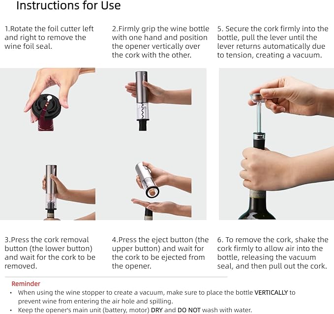 Electric Wine Opener Set, Rechargeable With 2 Vacuum Stoppers, Foil Cutter, Battery-Powered Corkscrew - Wine Lovers Present