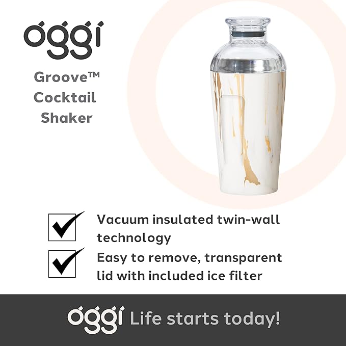 OGGI Groove Insulated Cocktail Shaker-17oz Double Wall Vacuum Insulated Stainless Steel, Tritan Lid has Built In Strainer, Ideal Cocktail Mixer, Martini Shaker, Margarita Shaker, Gold Marble