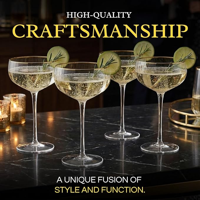 Gold Rim Coupe Glasses 11 oz, Set of 4 Classic Manhattan Glasses - Martini, Cocktails, Champagne, Wine & Water, Coupes Gilded Rimed, Crystal Stemmed, Short Stem Sets Perfect for Drinking Champagne