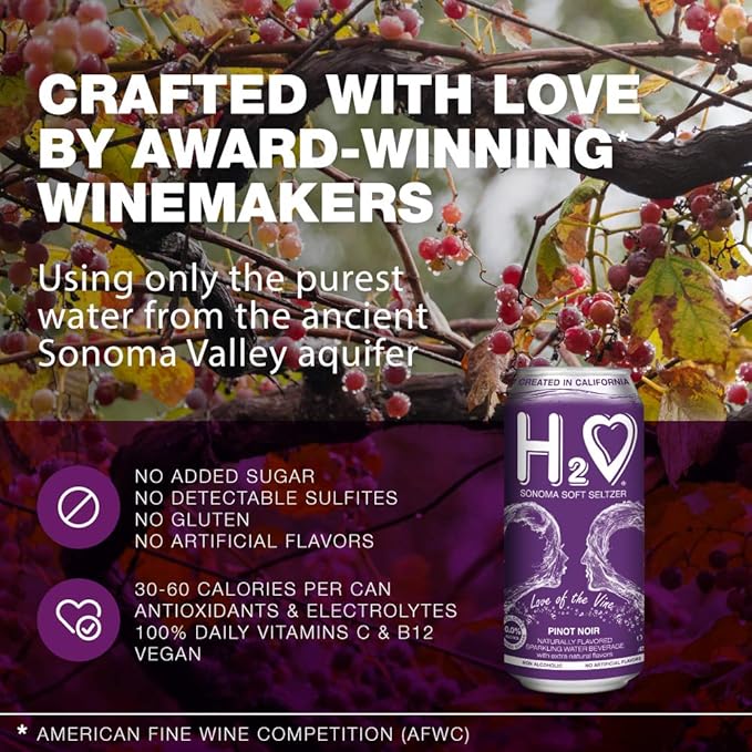 H2o – 0.0% Alcohol Pinot Noir | Non-Alcoholic Wine Alternative, Made in Sonoma | Low Calorie, No Sugar Added | Backed by Science | 12 x 12 fl oz Cans