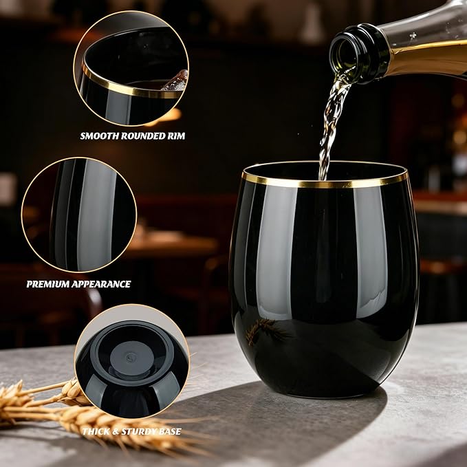GuanQiao 24 Pack Plastic Wine Glasses with Gold Rim, 12oz Black Stemless Disposable Wine Cups, Shatterproof & BPA-Free Reusable Drinkware for Wedding, Party, New Year and Bridal Shower