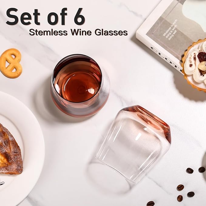 JOVGANK Venus Stemless Wine Glasses Set of 6 - Hand Blown Amber Stemless Wine Glass - 17 oz, [Lead-Free Crystal Glass] Large Short Glass Tumblers, Housewarming Gifts and Mother's Day Gift