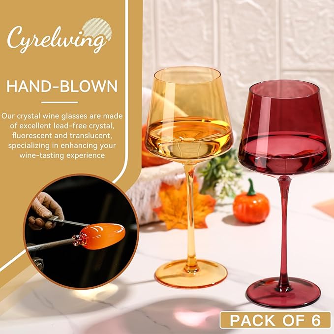Venus Wine Glasses Set of 6-18oz【Hand Blown】 Crystal Melanin Wine Glasses with Stem- Wedding gift set for wine lovers Red White Wine Dinner