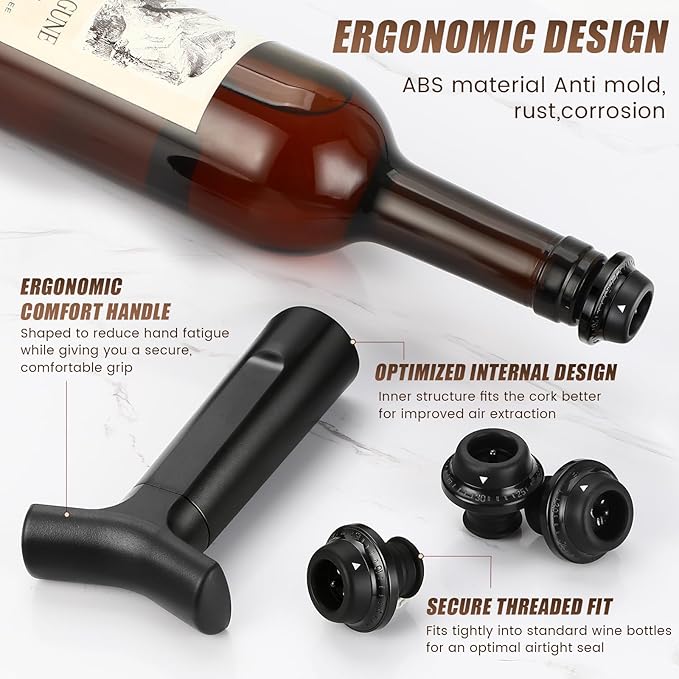 Wine Stopper, Wine Saver Vacuum Pump with 4 Reusable Stoppers, Wine Bottle Preserver & Sealer Keeps Fresh Longer, Ergonomic Handle, ideal Gift