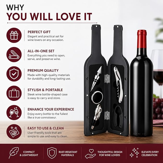 Luxury Wine Accessory & Gift Set - Corkscrew, Stopper, Pourer, and Games! (Wine Opener - Black and Red Glossy Bottle Case)