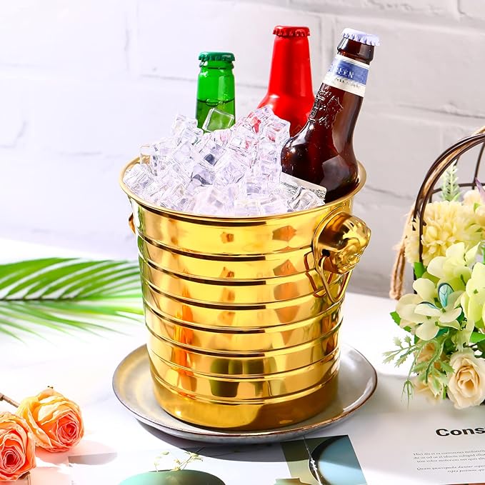 Pinkunn 6 Pack Stainless Steel Champagne Bucket 3 Qt Metal Ice Bucket Double Wall Wine Buckets with Handles Party Beverage Chiller for Champagne Beer Cocktail Wine Drinks Home Bar Accessories (Gold)