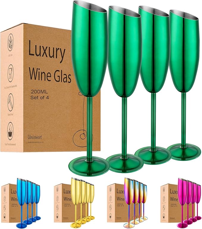Champagne Flutes Set of 4, Premiumty Stainless Steel High Footed Champagne Glasses, 7oz Capacity,Unbreakable Slanted Champagne Glasses