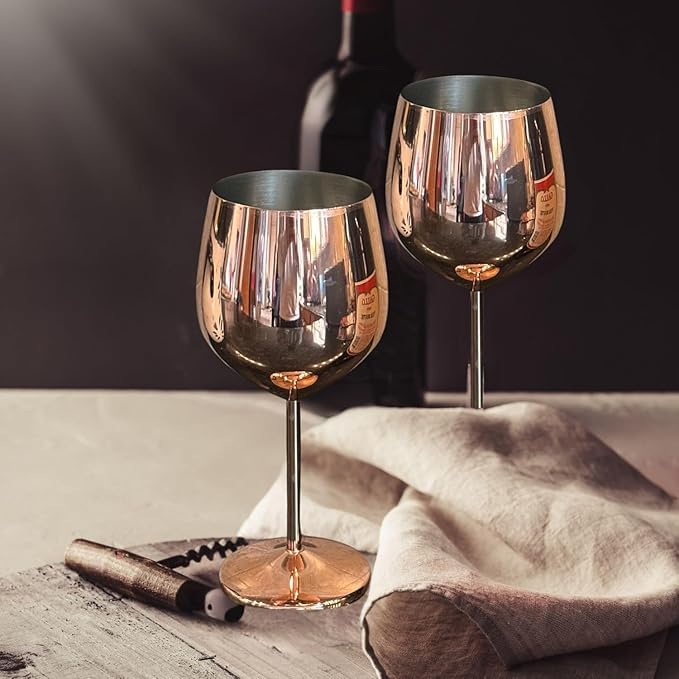 K&K Home Rose Gold Stainless Steel Unbreakable Wine Glasses - 18 oz - Set of 4 Colored, Stemmed Metal Wine Glasses Perfect for Outdoors, Weddings, and Parties