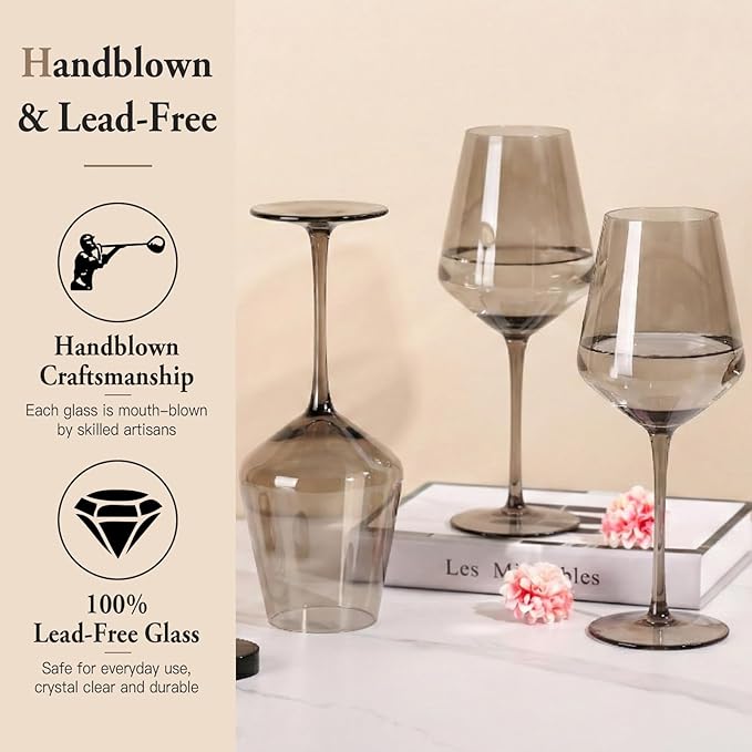 Gray Colored Wine Glasses Set of 6, Handblown Wine Glasse,Gray Coloful Glassware,17OZ for Red or White Wine,for Wedding Gift, Anniversary, Christmas, Birthday,Mothers Day Gifts,Gifts for My Wife
