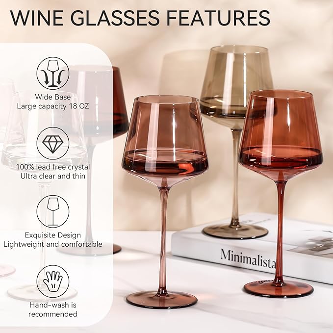 Colored Wine Glasses Set of 6-18oz【Hand Blown】Venus Wine Glasses with Stem