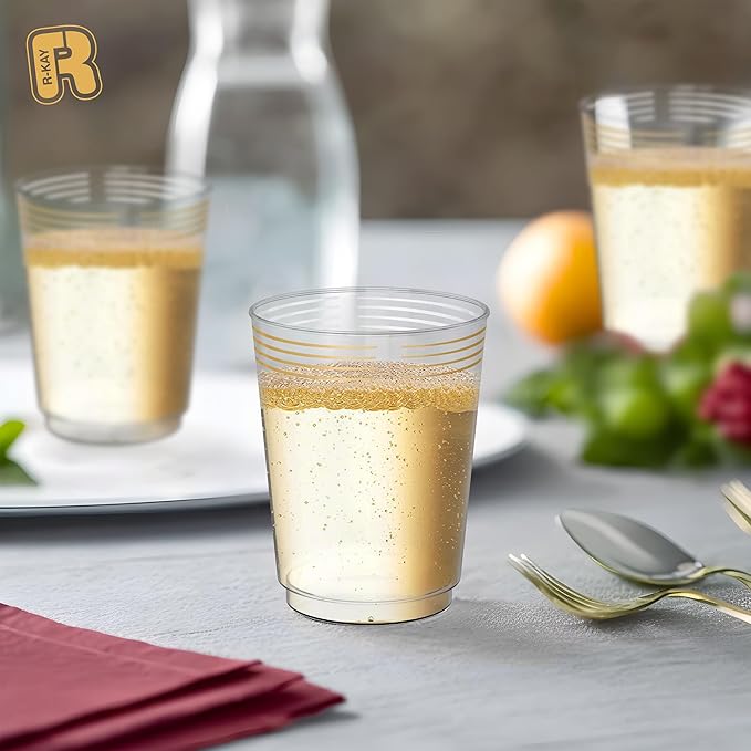 50 Pack Gold Plastic Cups For Party - 10 Oz Clear Party Cups Disposable - Hard Disposable Cups - Premium Heavy Duty Gold Cups - Disposable Cocktail Glasses - Plastic Glasses / Plastic Cocktail Glasses