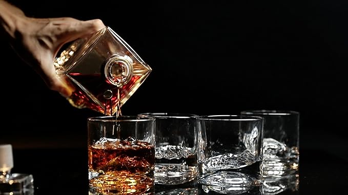 LIITON The American Peaks Whiskey Decanter Set – 34oz Mountain Crystal Glass Decanter with 4 Old Fashioned Glasses – Premium Gift for Men – Bourbon, Scotch, and Liquor Lovers