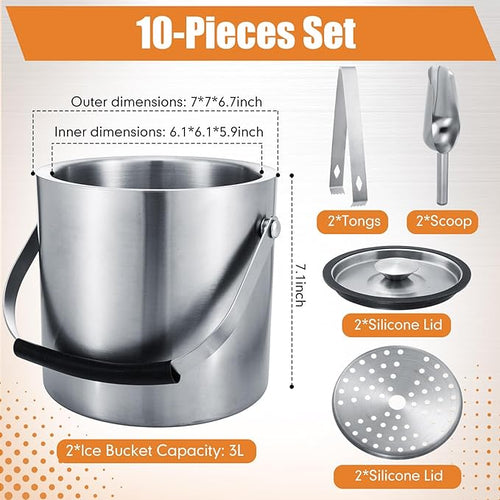 10 PCS 2 Set 3L Portable Ice Buckets for Parties Stainless Steel Double-Wall Insulated Ice Bucket with Lid, Scoop, Tongs Ideal for Cocktail Bar, Outdoor Events & Keeps Drink Frozen Longer
