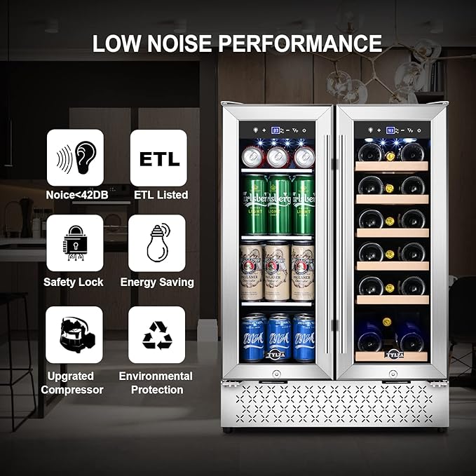 Tylza Wine and Beverage Refrigerator, 24 Inch Dual Zone Wine Fridge, Holds 18 Bottles and 88 Count, French Doors, Lock, Under-counter or Freestanding Wine Cooler, Beverage Fridge with Tempered Glass