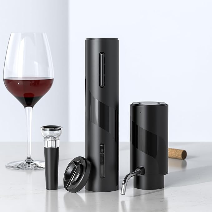 4-in-1 Electric Wine Opener Set – USB Rechargeable with Wine Decanter, Wine Aerator,Pourer, Wine Stopper and Foil Cutter. Gift set for Weddings, Parties, and Home Use, Portable size, Black