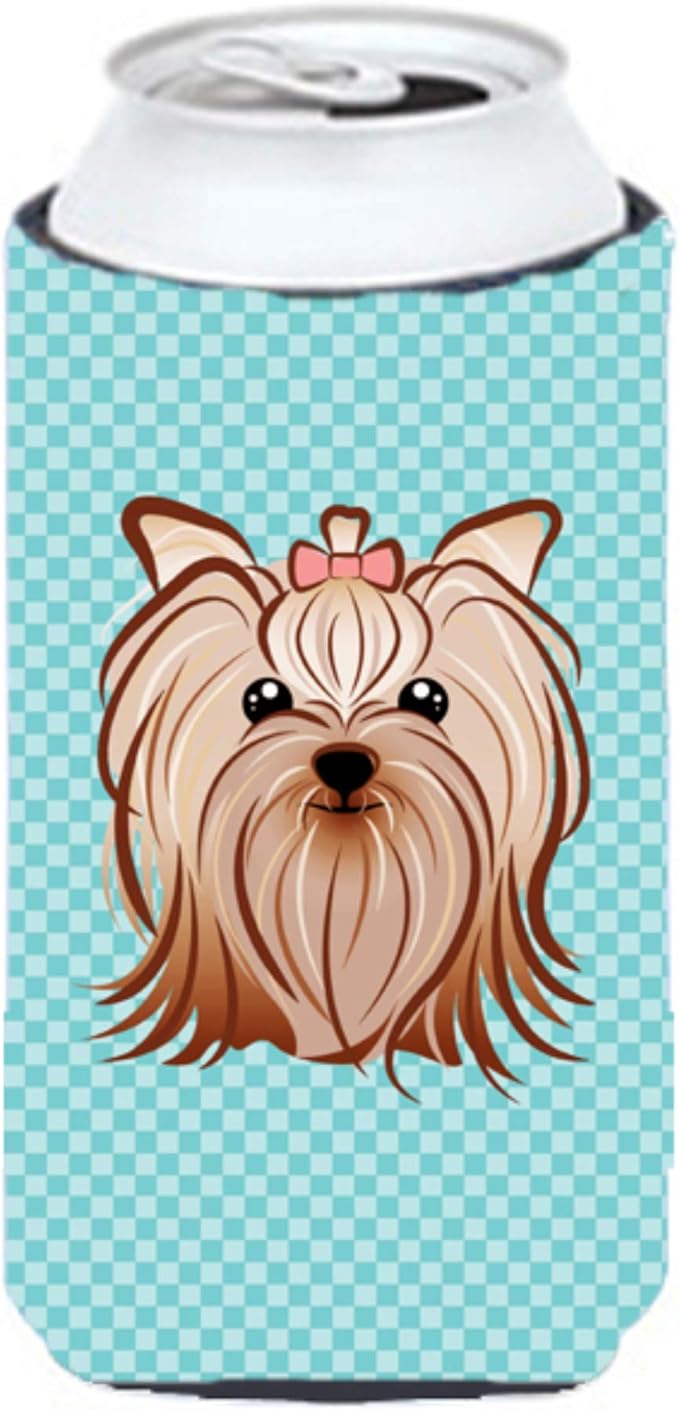 Caroline's Treasures BB1142TBC Checkerboard Blue Yorkie Yorkishire Terrier Tall Boy Hugger Can Cooler Sleeve Hugger Machine Washable Drink Sleeve Hugger Collapsible Insulator Beverage Insulated Holder