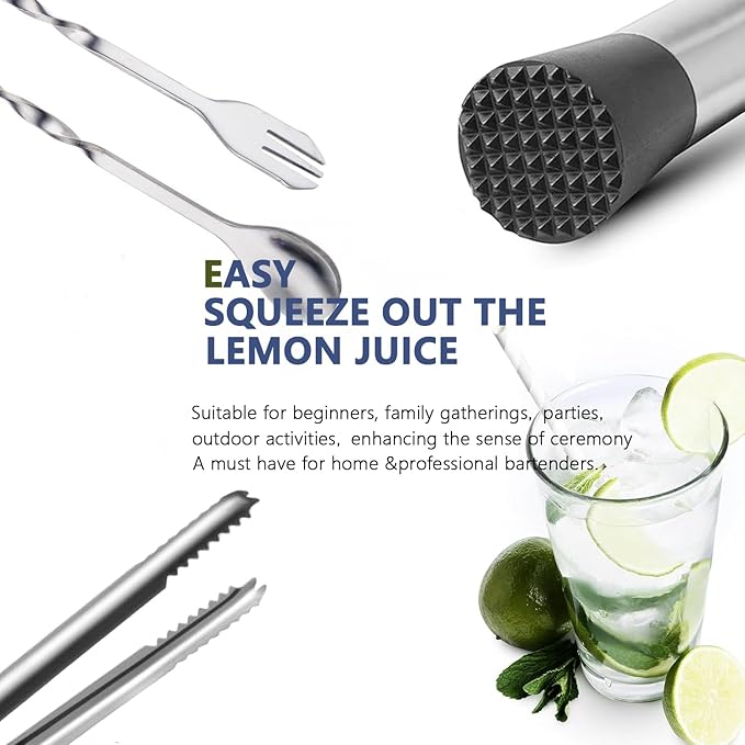 Muddler for Cocktails,10" Bar Spoon & Ice Tongs with Serrated Tip, 3PcsStainless Steel Bar Tools Set for Mojitos, Lemonade, Fruit Drinks, Home PartyBar Accessories