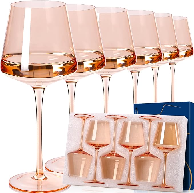 Light peach orange Wine Glasses Set of 6,18oz Blush Pink Wine Glassware Gift Set-Pale peach Hand Blown light peachy-orange Glass Drinkware for Red White Wine