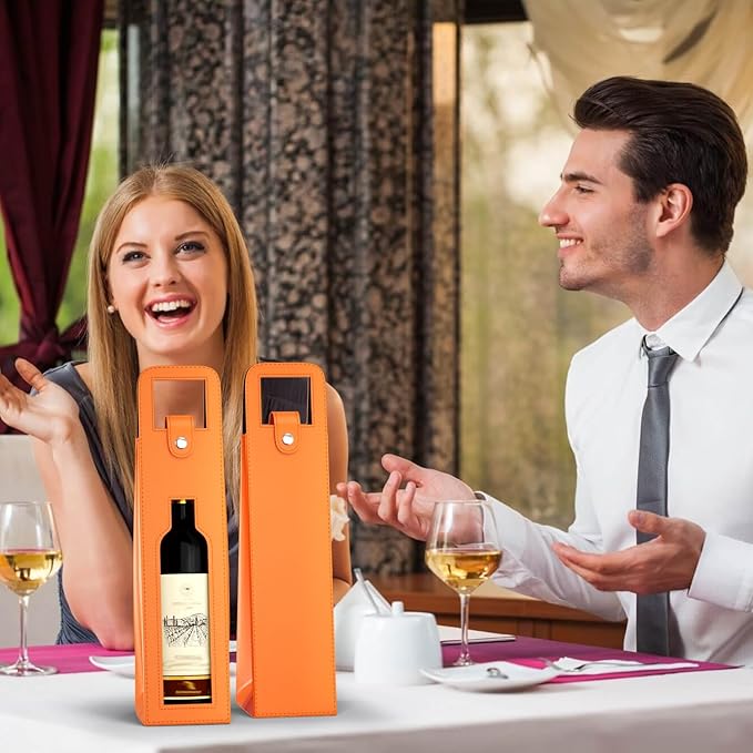 RYDDOY Wine Gift Bag, Reusable Leather Wine Tote Carrier, Single Bottle Champagne Beer Gift Bags Carrier for Birthday, Wedding, Picnic Party, Christmas festival Gifts (Orange)
