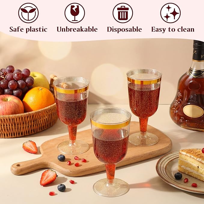 CHENGU 100 Pcs Plastic Wine Glasses 7 oz Gold Rimmed Mini Stemware with Removable Base for Wedding Parties Birthday Anniversary Champagne Toasting(Gold Powder)
