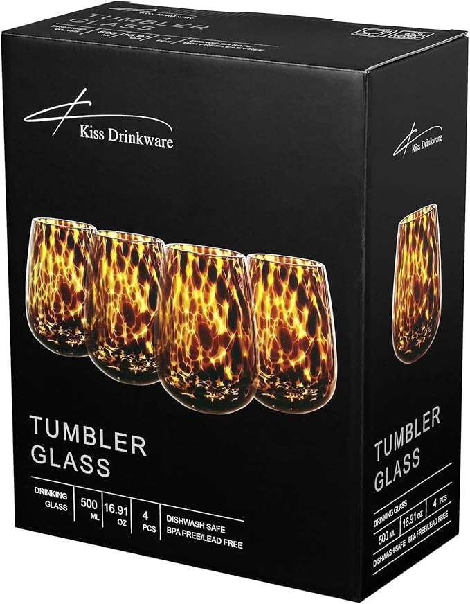 Joseph Sedgh Collection Tortoise Shell Stemless Wine & Water Glass Set of 4 – 16.91 oz Borosilicate Tumblers – Durable, Lead-Free, Dishwasher Safe – Gift Box Packaged