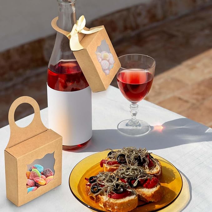 Sankoly 10 Pieces Wine Bottle Box with Window Paper Wine Gift Box with Bow Tie Mini Gift Boxes Bottle Hanger Favor Box for for Holding Candy Chocolate Cookies Mini Gift (Brown)